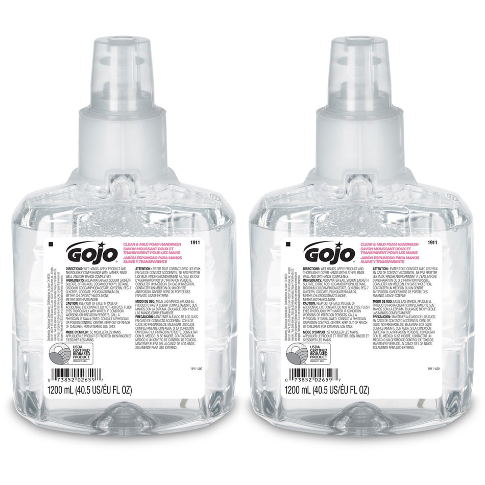 Gojo® LTX-12 Clear Mild Foam Handwash Refill - 1.27 quart - Hand, Skin - Moisturizing - Clear - Fragrance-free, Dye-free, Rich Lather, Eco-friendly - 2 / Carton