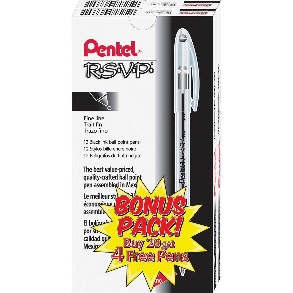 Pentel R.S.V.P. Ballpoint Stick Pens - Fine Pen Point - Refillable - Black Ink - Clear Barrel - Stainless Steel Tip - 24 / Pack