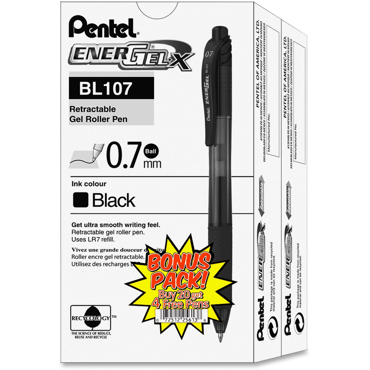 EnerGel EnerGel-X Retractable Gel Pens - 0.7 mm Medium Pen Point - Refillable - Retractable - Black Ink - Gel-based - Black Barrel - Metal Tip - 24 / Pack