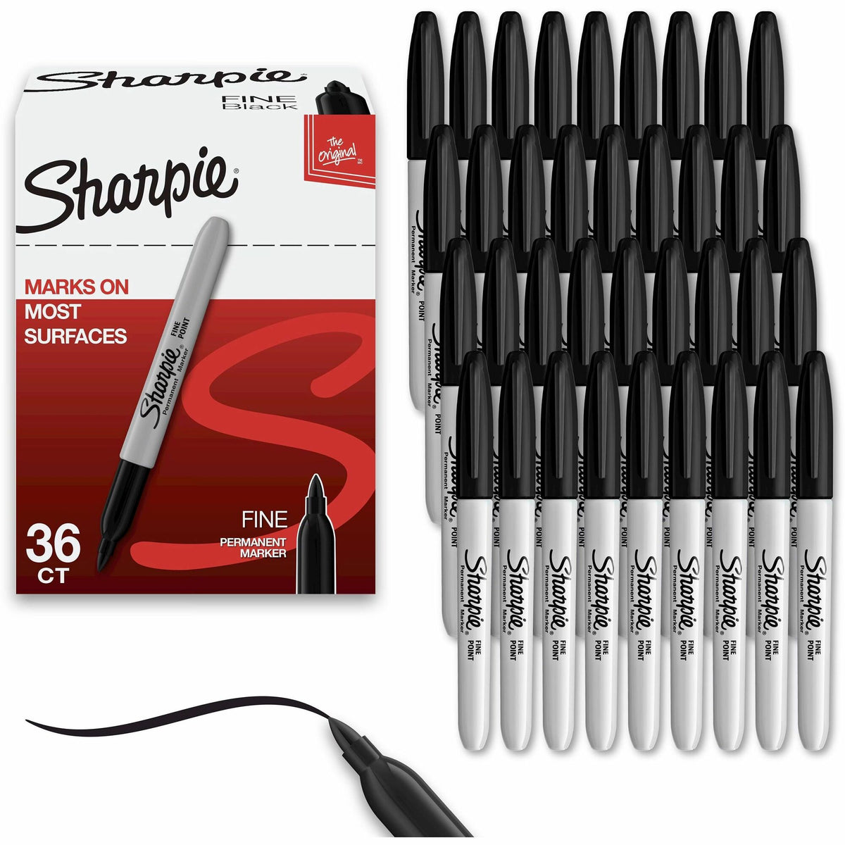 Sharpie Permanent Marker - 1 mm Fine, Bold Marker Point - Black Ink - Black Barrel - 36 / Box