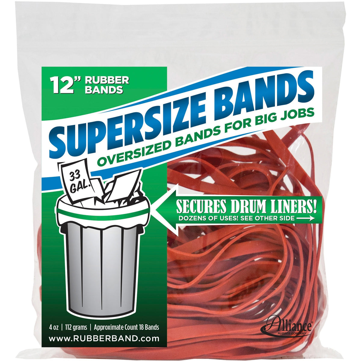 Alliance Rubber SuperSize Industrial-Strength Large Rubber Bands - Size: Large - 12" Length x 0.3" Width - Reusable, Heavy Duty, Environmentally Friendly, Elastic, Strong, Stretchable - Latex - Red - 18 / Pack
