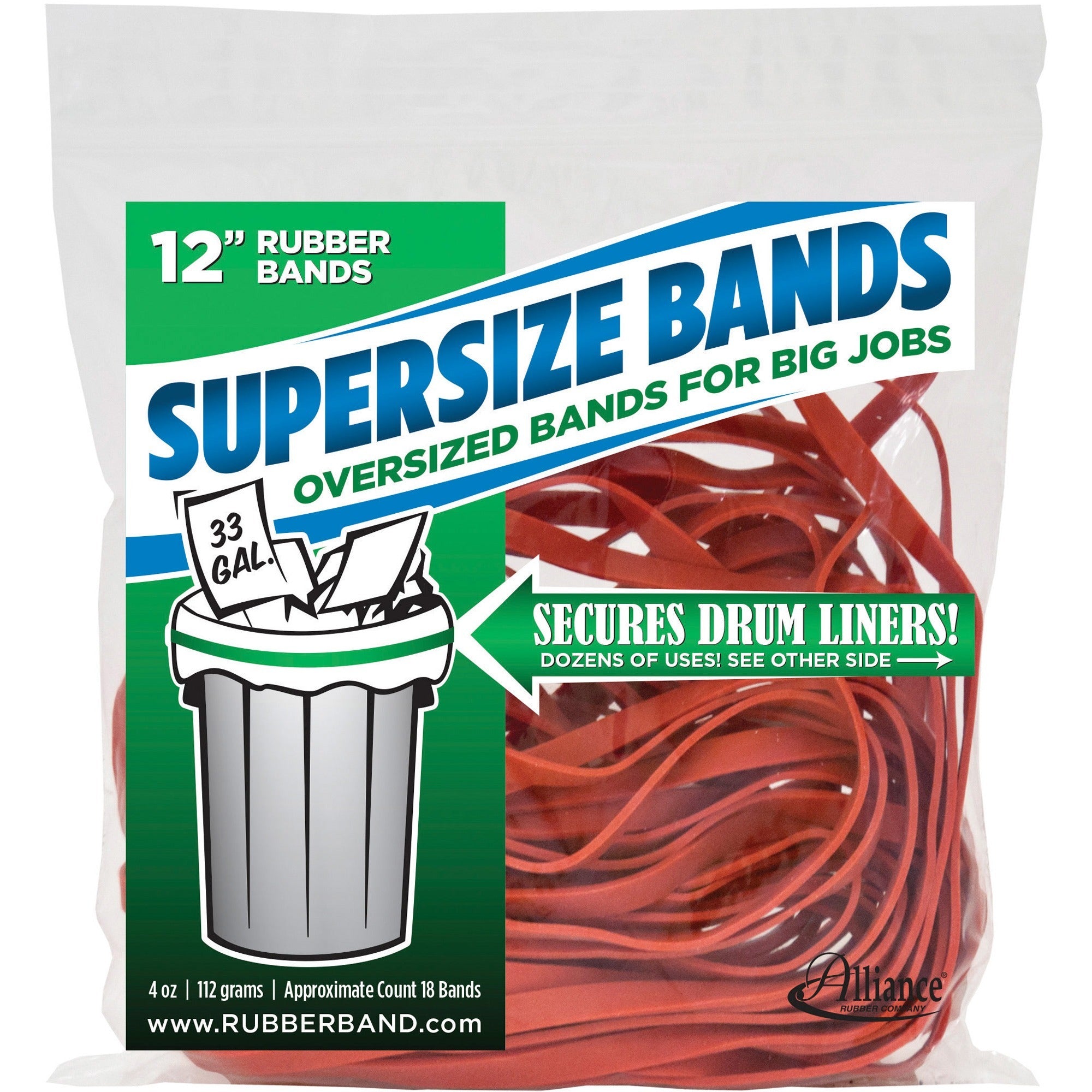 Alliance Rubber SuperSize Industrial-Strength Large Rubber Bands - Size: Large - 12" Length x 0.3" Width - Reusable, Heavy Duty, Environmentally Friendly, Elastic, Strong, Stretchable - Latex - Red - 18 / Pack