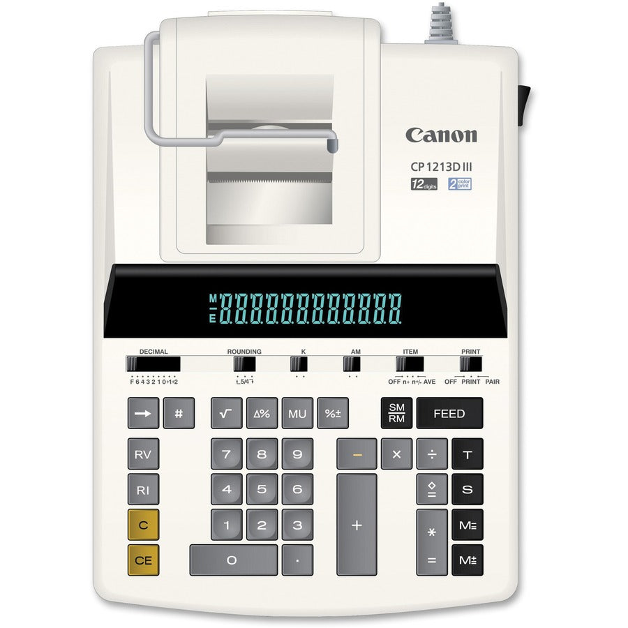 Canon CP1213DIII Desktop Printing Calculator - Dual Color Print - Dot Matrix - 4.8 lps - Ergonomic Design, Independent Memory, Item Count - 0.67" - 12 Digits - Fluorescent - AC Supply Powered - 6" Height x 11" Width x 17" Depth - White - 1 Each