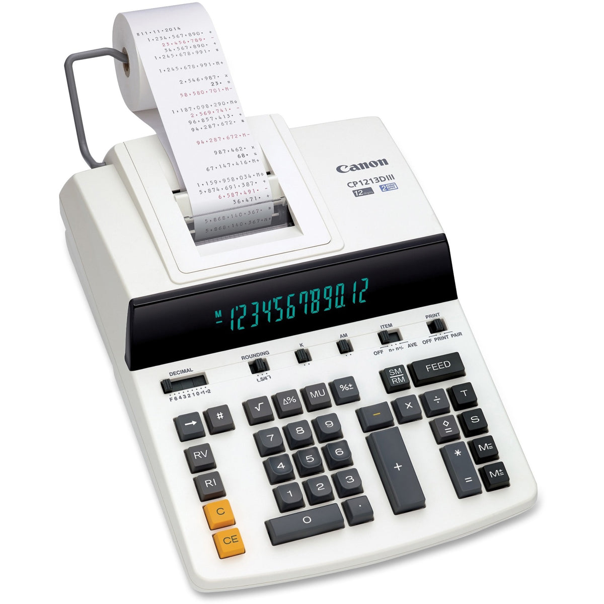 Canon CP1213DIII Desktop Printing Calculator - Dual Color Print - Dot Matrix - 4.8 lps - Ergonomic Design, Independent Memory, Item Count - 0.67" - 12 Digits - Fluorescent - AC Supply Powered - 6" Height x 11" Width x 17" Depth - White - 1 Each
