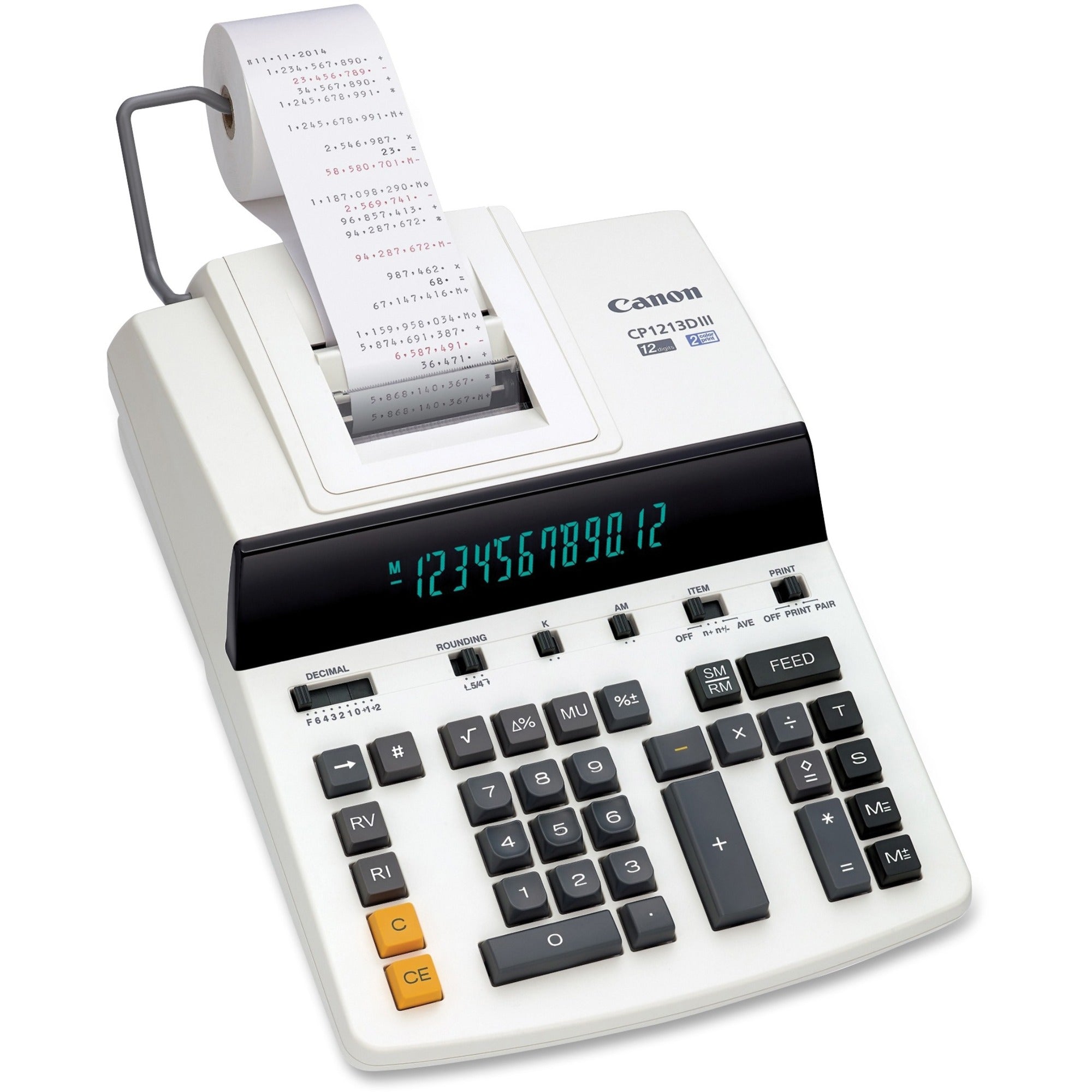 Canon CP1213DIII Desktop Printing Calculator - Dual Color Print - Dot Matrix - 4.8 lps - Ergonomic Design, Independent Memory, Item Count - 0.67" - 12 Digits - Fluorescent - AC Supply Powered - 6" Height x 11" Width x 17" Depth - White - 1 Each