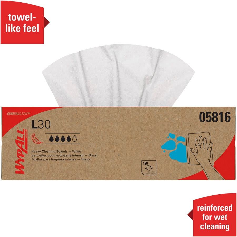 Wypall General Clean L30 Heavy Cleaning Towels - 9.80" Width x 16.40" Length - White - 120/Box - 6 / Carton