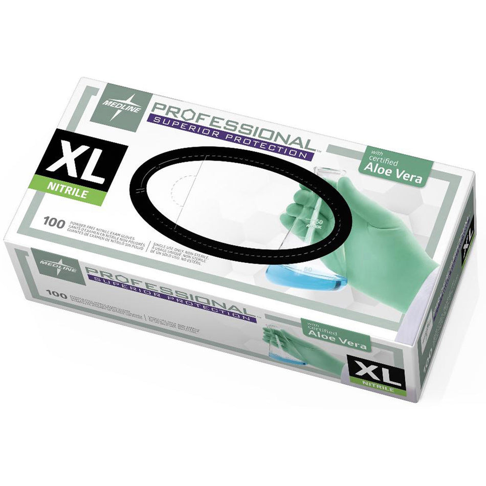 Medline Professional Series Aloetouch Gloves - 5.9 mil Thickness x 9.50" Glove Length - X-Large Size - Green - Latex-free, Non-sterile, Textured - For Laboratory Application - 100 / Box