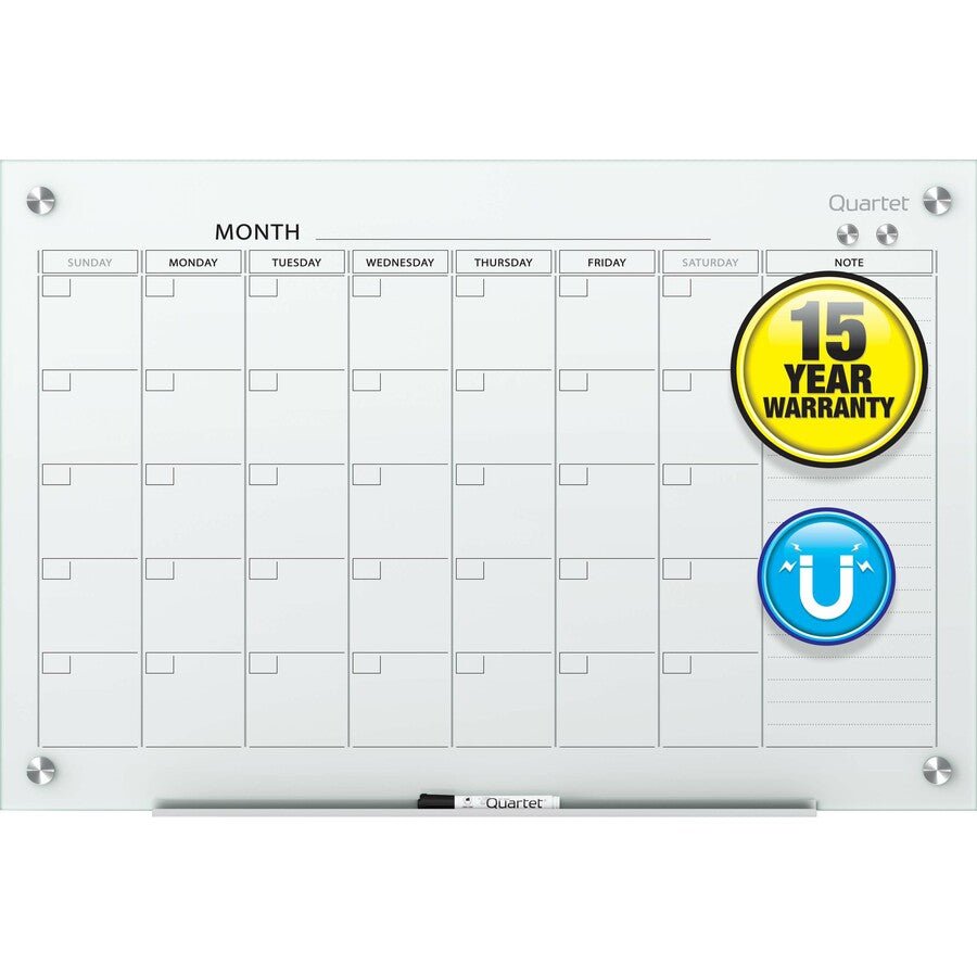 Quartet Infinity® Glass Magnetic Calendar Board - 36" x 24" Sheet Size - White - Tempered Glass - Magnetic, Stain Resistant, Ghost Resistant, Write-on, Reusable - 1 Each