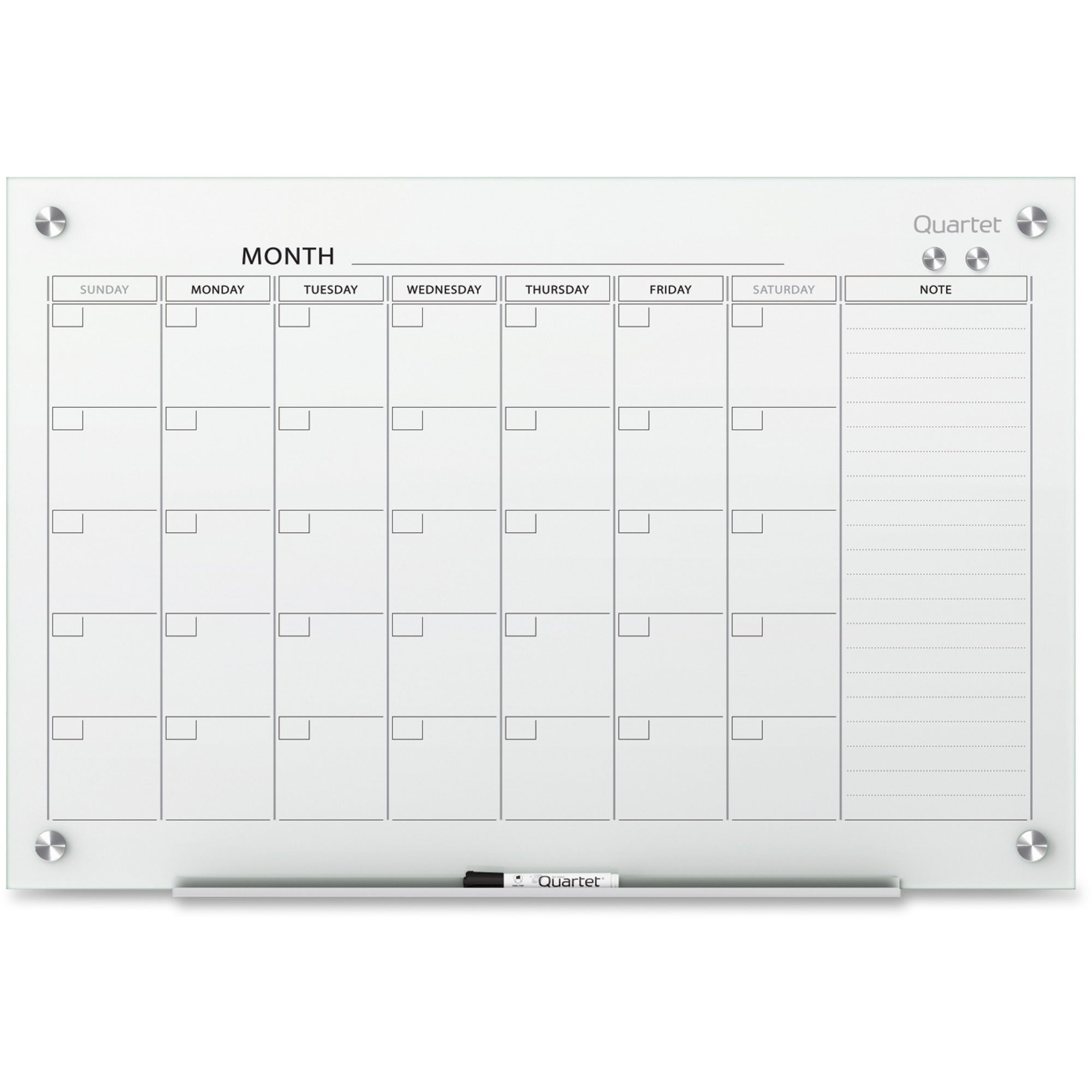 Quartet Infinity® Glass Magnetic Calendar Board - 36" x 24" Sheet Size - White - Tempered Glass - Magnetic, Stain Resistant, Ghost Resistant, Write-on, Reusable - 1 Each