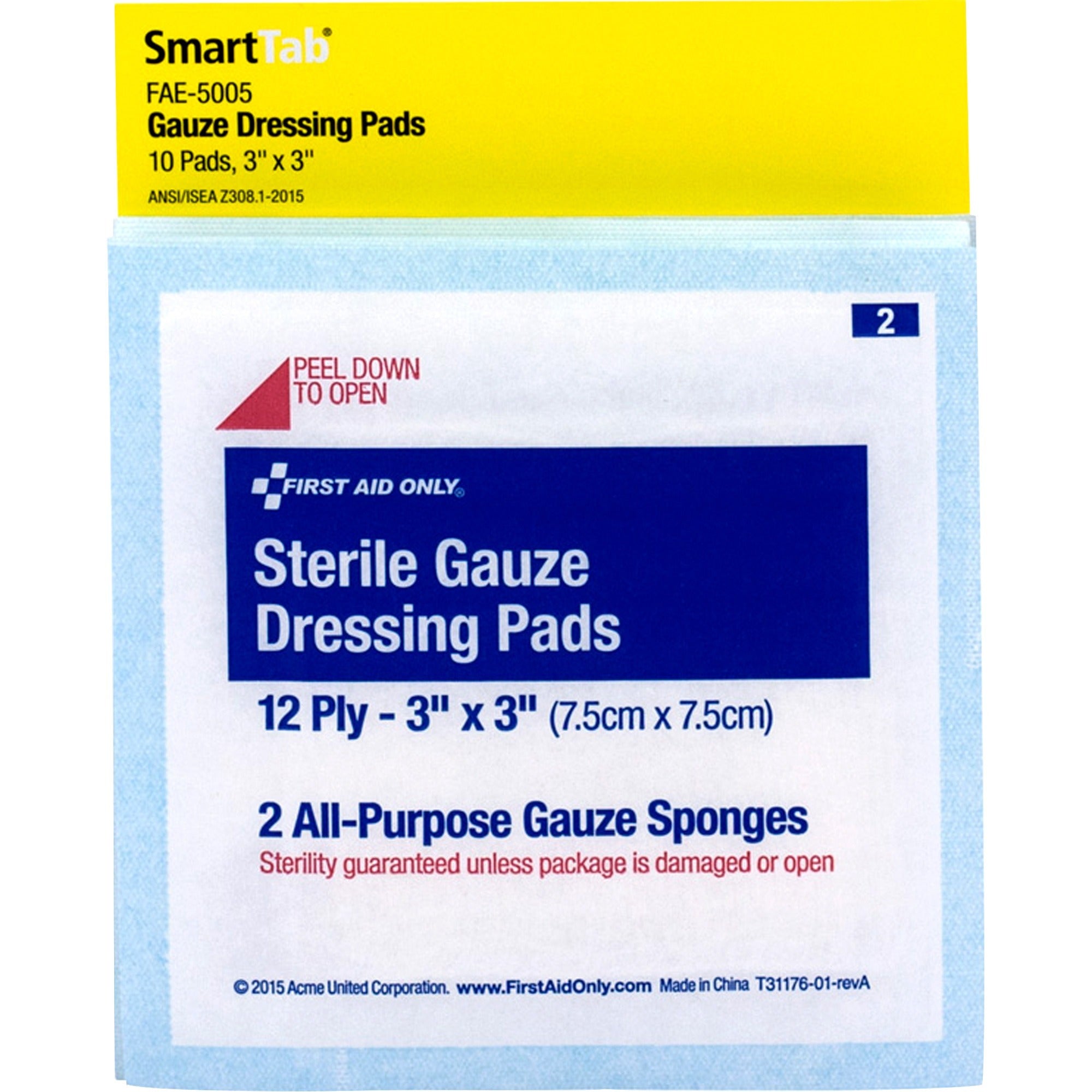 First Aid Only Sterile Gauze Dressing Pads - 12 Ply - 3" Width x 3" Length - White - 10 / Pack