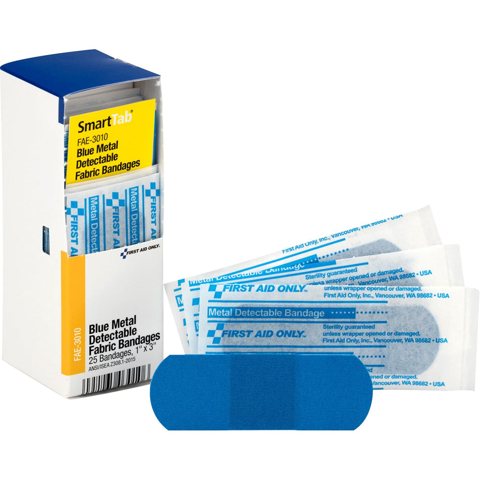 First Aid Only Visible Metal Detectable Bandages - 1" Width x 3" Length - Blue - 25/Box - 1 Each