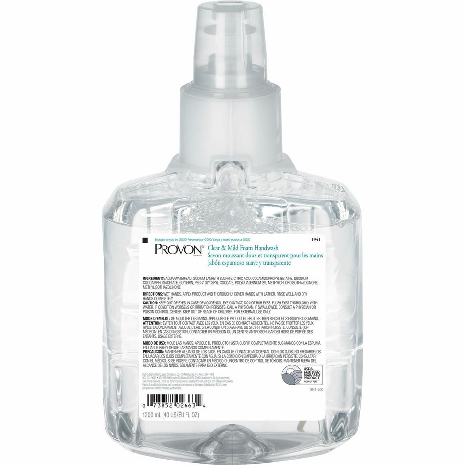 Provon LTX-12 Refill Clear & Mild Foam Handwash - 1.27 quart - Pump Bottle Dispenser - Kill Germs - Skin, Hand - Moisturizing - Clear - Rich Lather, Fragrance-free, Dye-free - 1 Each