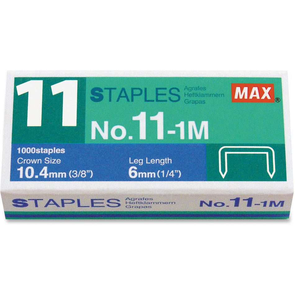 MAX No. 11-1M Staples - 15/64" Leg - 7/17" Crown - for Paper - Silver - 50 Per Strip - 1000 / Box