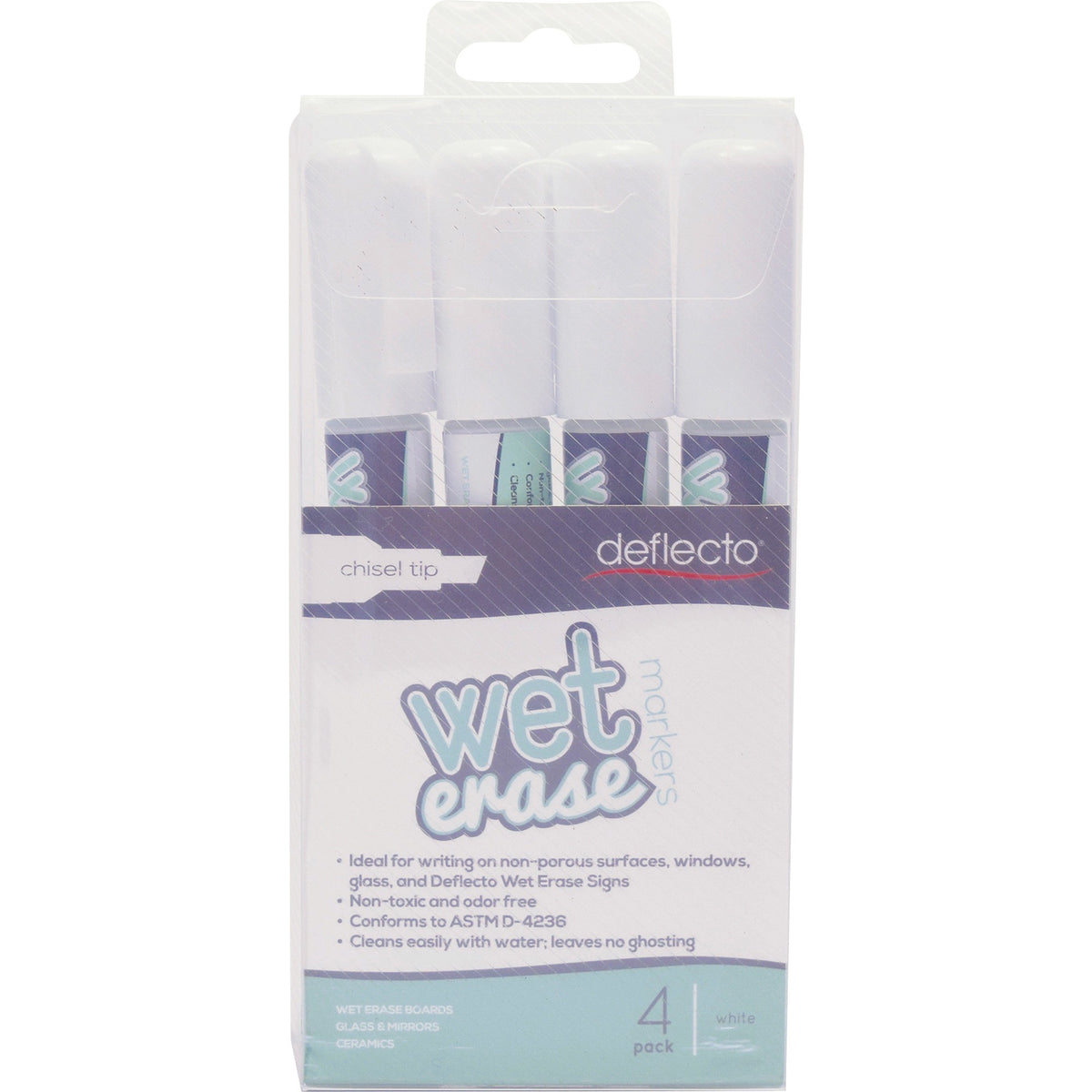 Deflecto Wet Erase Markers - Fine Chisel, Bold Marker Point - White Ink - 4 / Pack