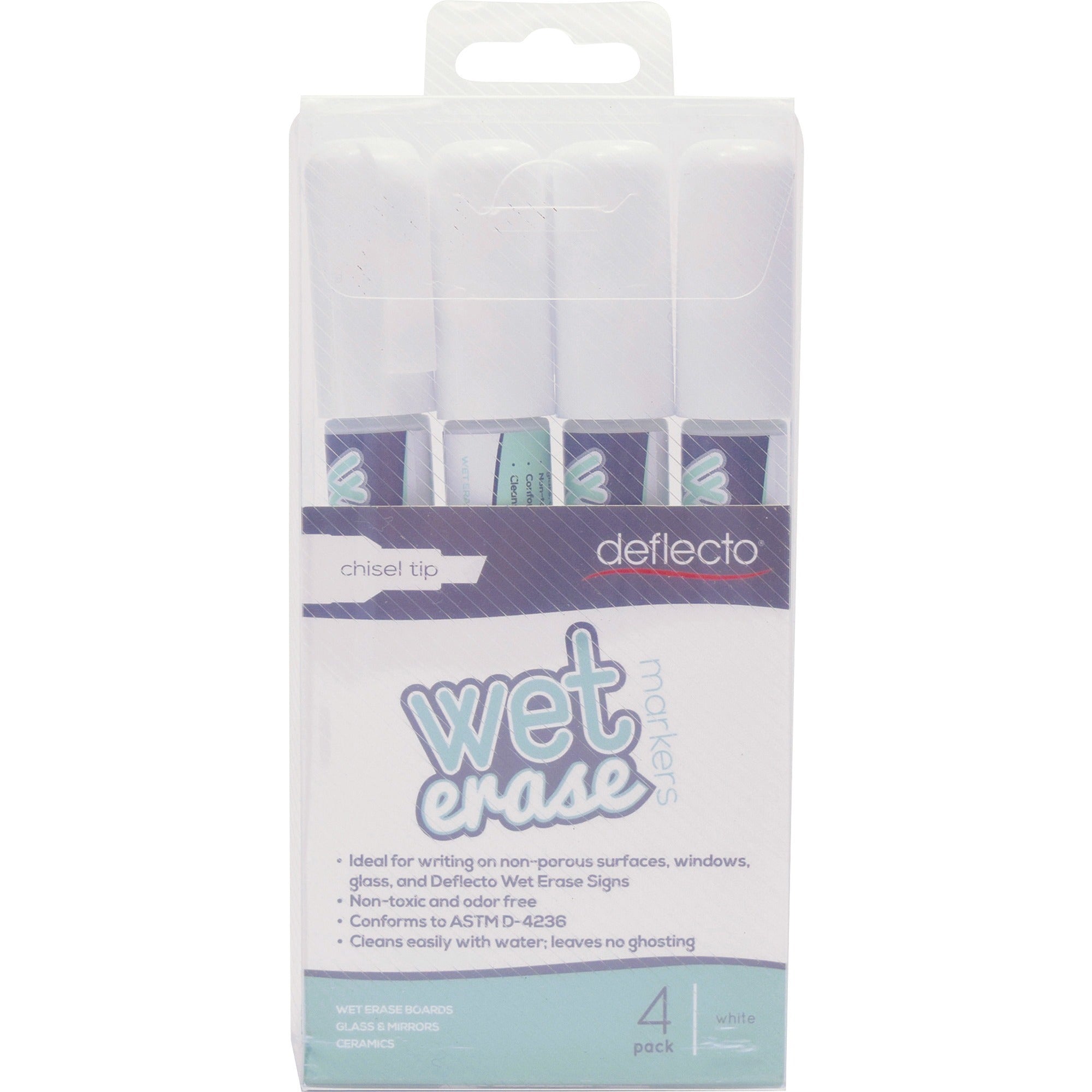 Deflecto Wet Erase Markers - Fine Chisel, Bold Marker Point - White Ink - 4 / Pack