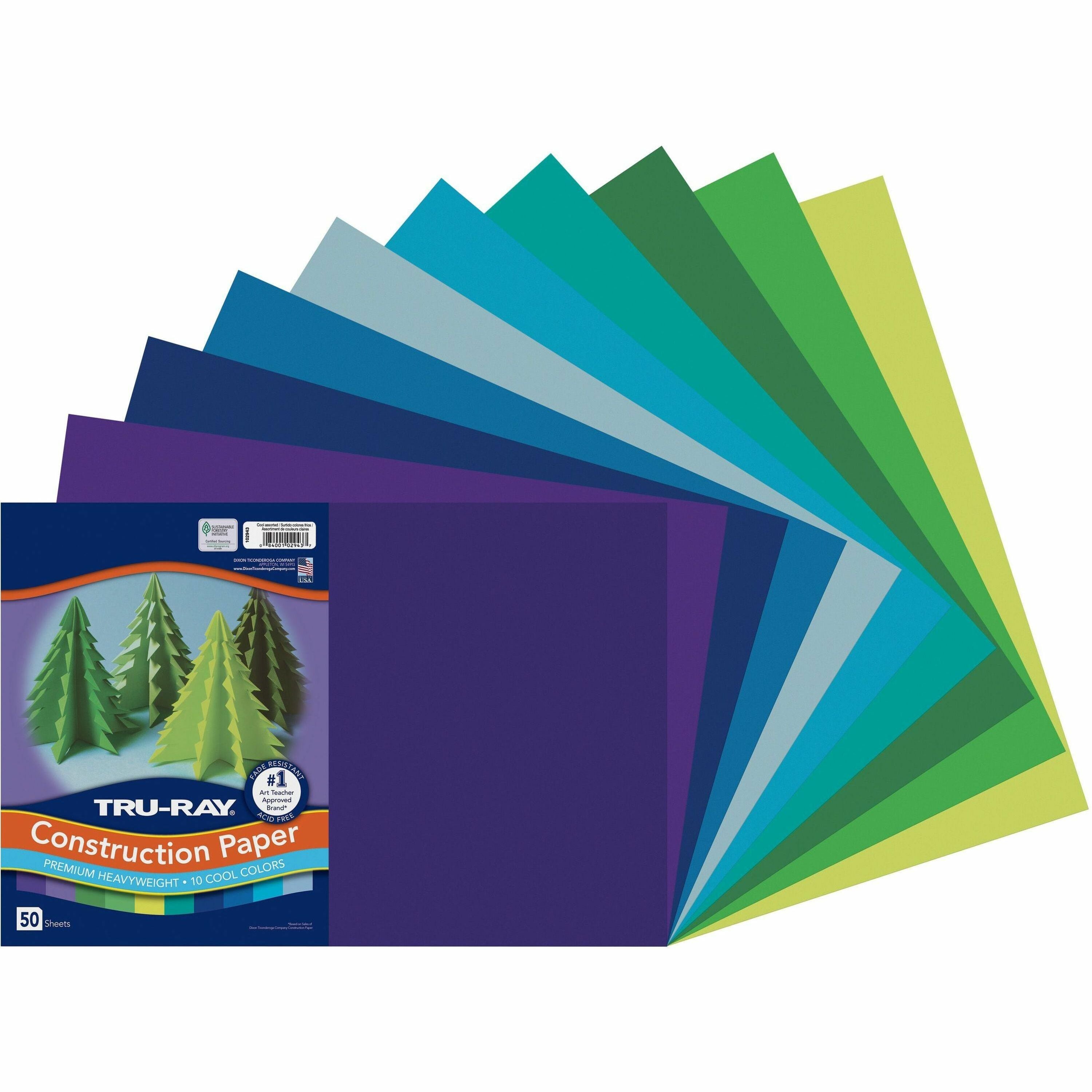 Tru-Ray Construction Paper - Project, Bulletin Board - 18" Width x 12" Length - Cool Assorted - Paper - 50 / Pack