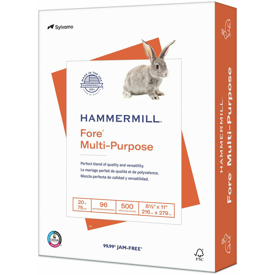 Hammermill Fore Multipurpose Copy Paper - White - 96 Brightness - Letter - 8 1/2" x 11" - 20 lb Basis Weight - Acid-free - White - 500 / Ream