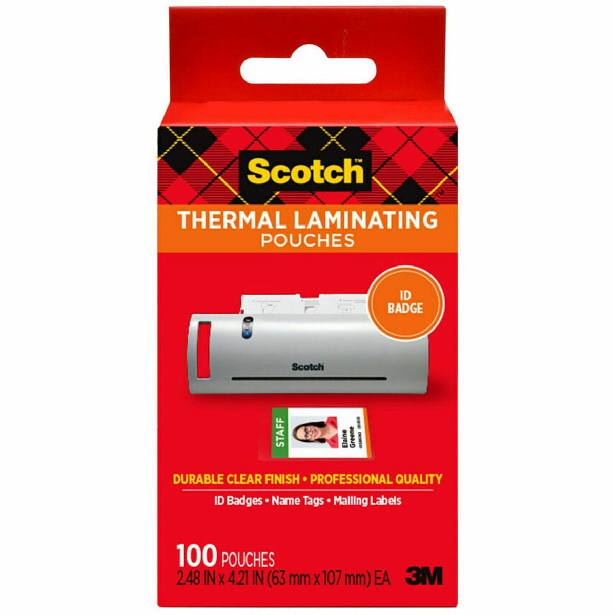 Scotch Thermal Laminating Pouches - Laminating Pouch/Sheet Size: 2.40" Width x 4.20" Length x 5 mil Thickness - Glossy - for ID Badge, Document, Photo, Lists, Card - Double Sided, Photo-safe - Clear - 100 / Pack