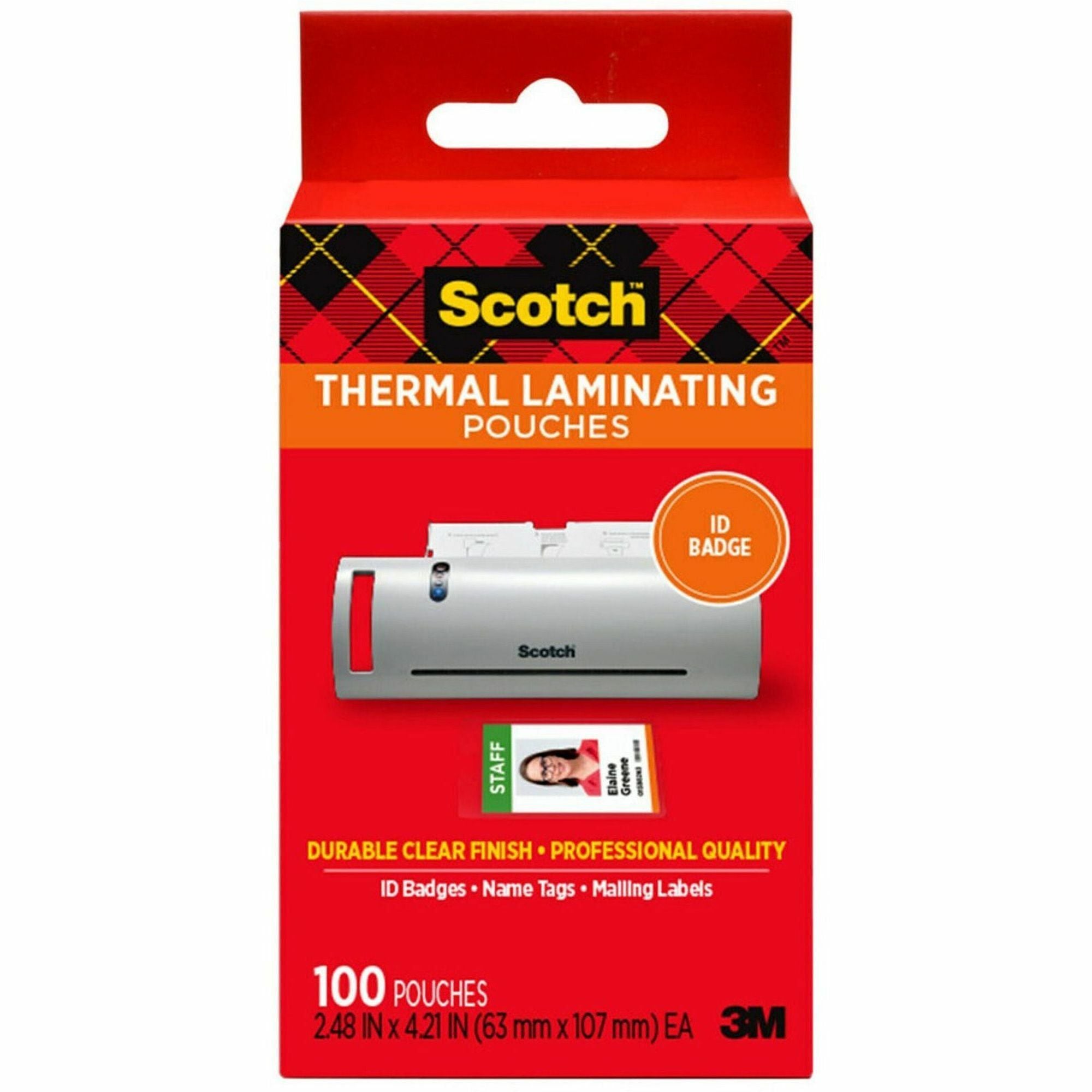 Scotch Thermal Laminating Pouches - Laminating Pouch/Sheet Size: 2.40" Width x 4.20" Length x 5 mil Thickness - Glossy - for ID Badge, Document, Photo, Lists, Card - Double Sided, Photo-safe - Clear - 100 / Pack