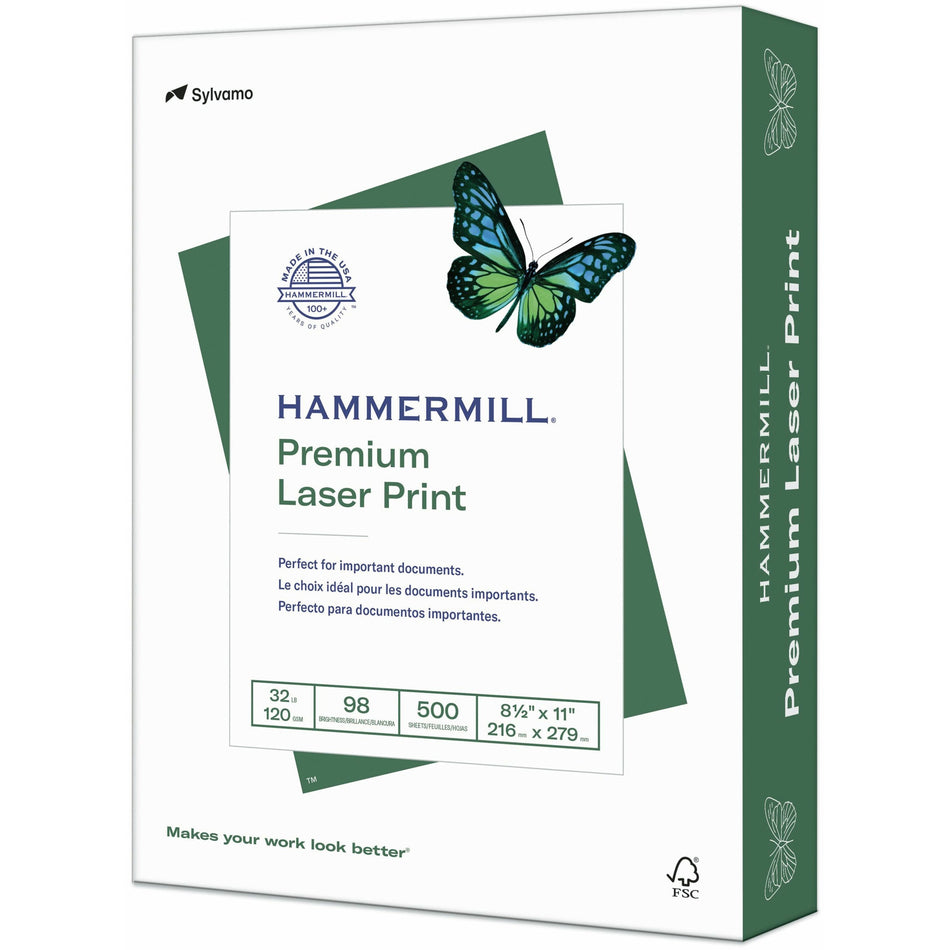 Hammermill Premium Laser Print Paper - White - 98 Brightness - Letter - 8 1/2" x 11" - 32 lb Basis Weight - Ultra Smooth - Acid-free, Jam-free, Archival-safe - White - 500 / Ream