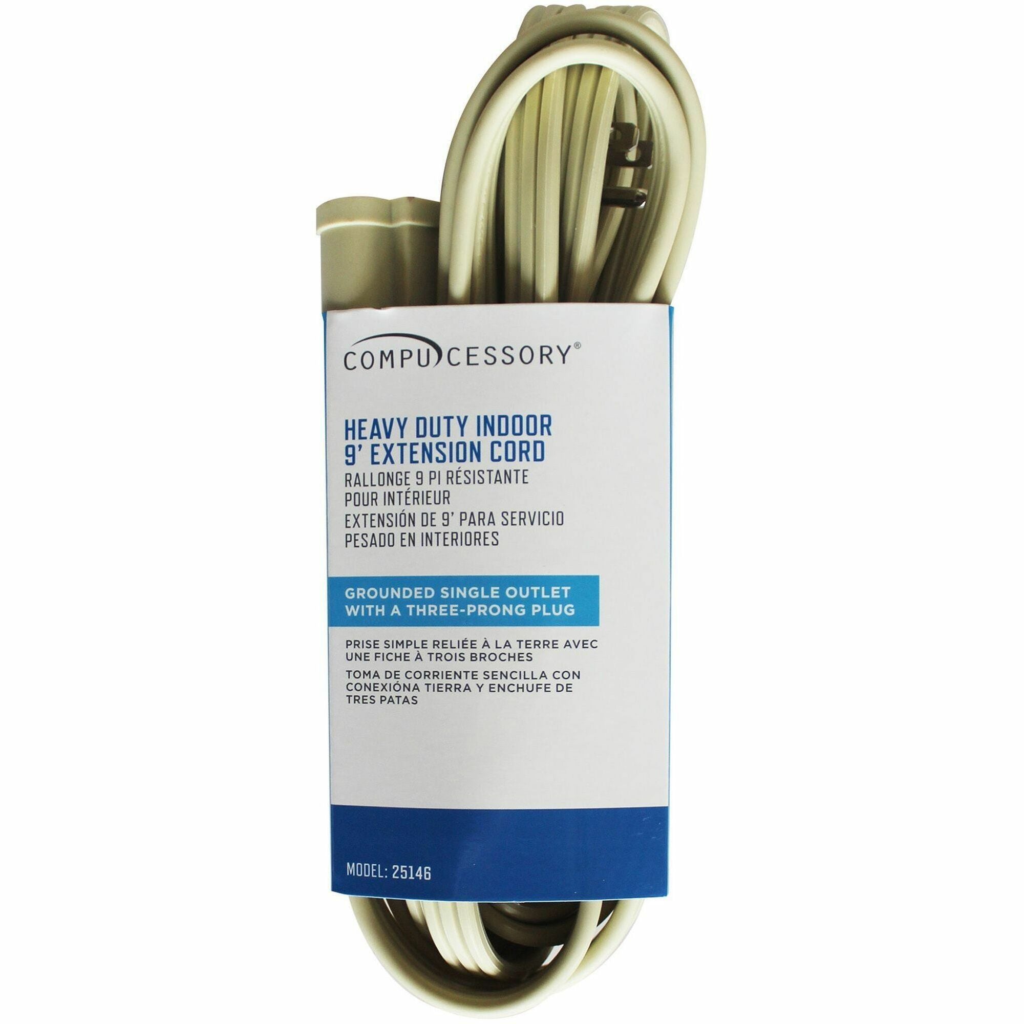 Compucessory Heavy Duty Indoor Extension Cord - 14 Gauge - 125 V AC / 15 A - Beige - 9 ft Cord Length - 1 Each
