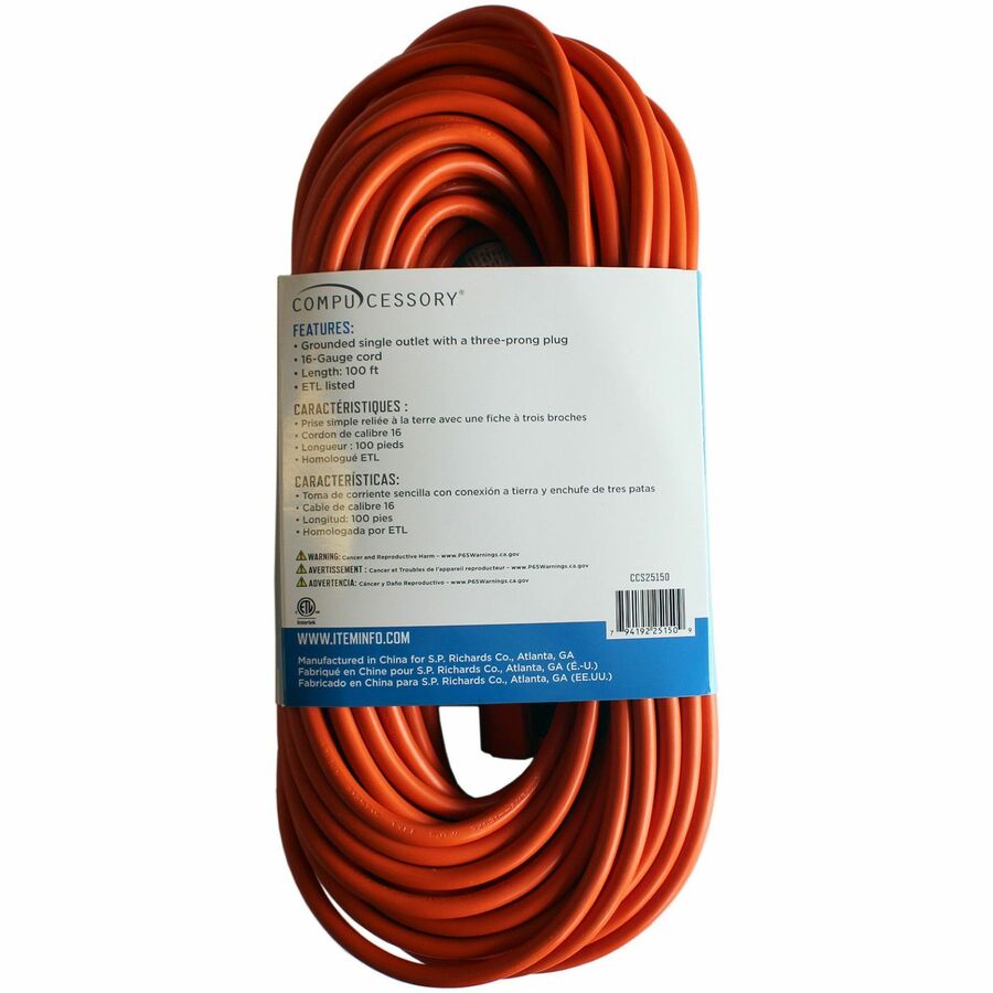 Compucessory Heavy-duty Indoor/Outdoor Extension Cord - 16 Gauge - 125 V AC / 13 A - Orange - 100 ft Cord Length - 1 Each