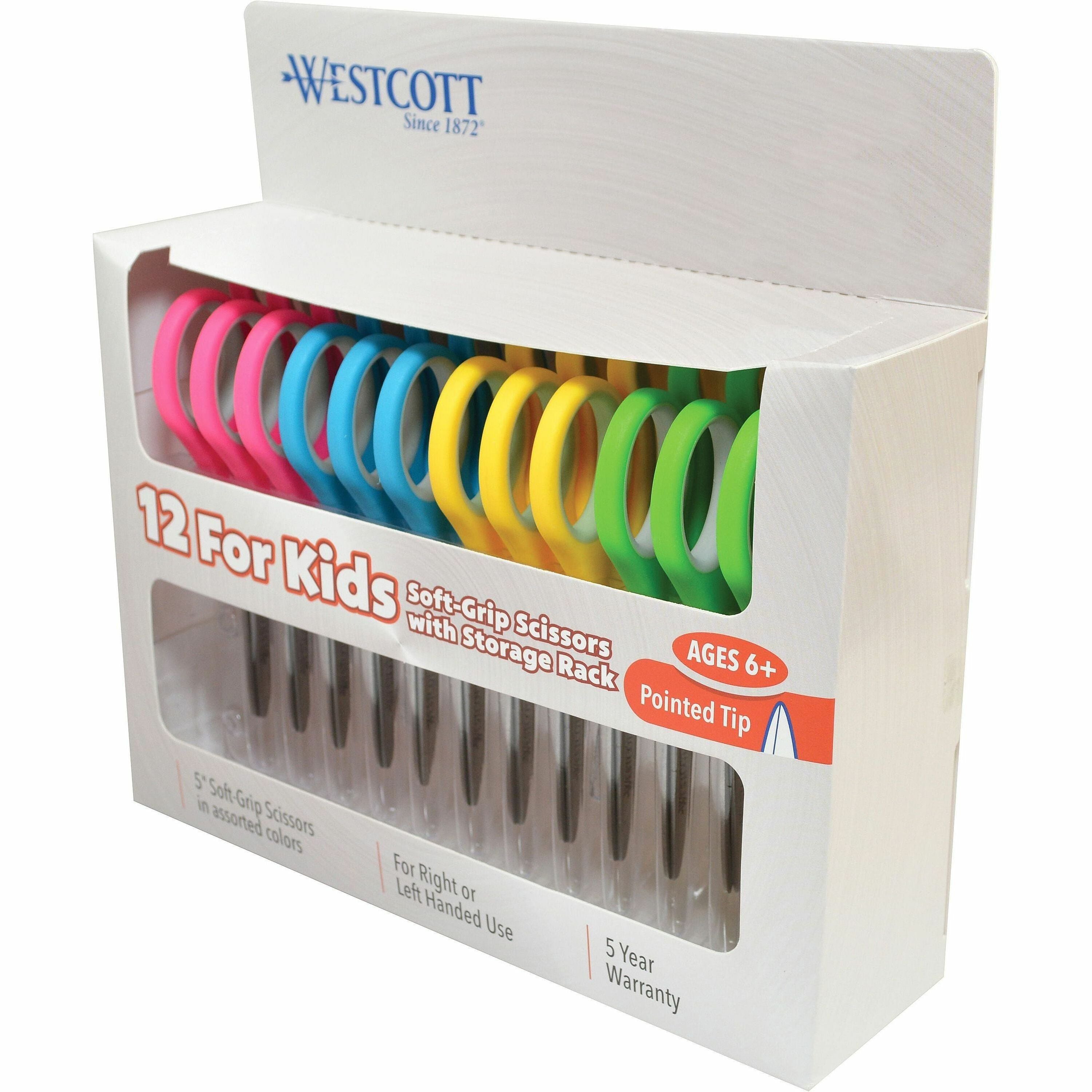 Westcott Teachers 5" Kids Soft Handle Pointed Scissors - 5" Overall Length - Straight-left/right - Stainless Steel - Pointed Tip - Assorted - 12 / Pack