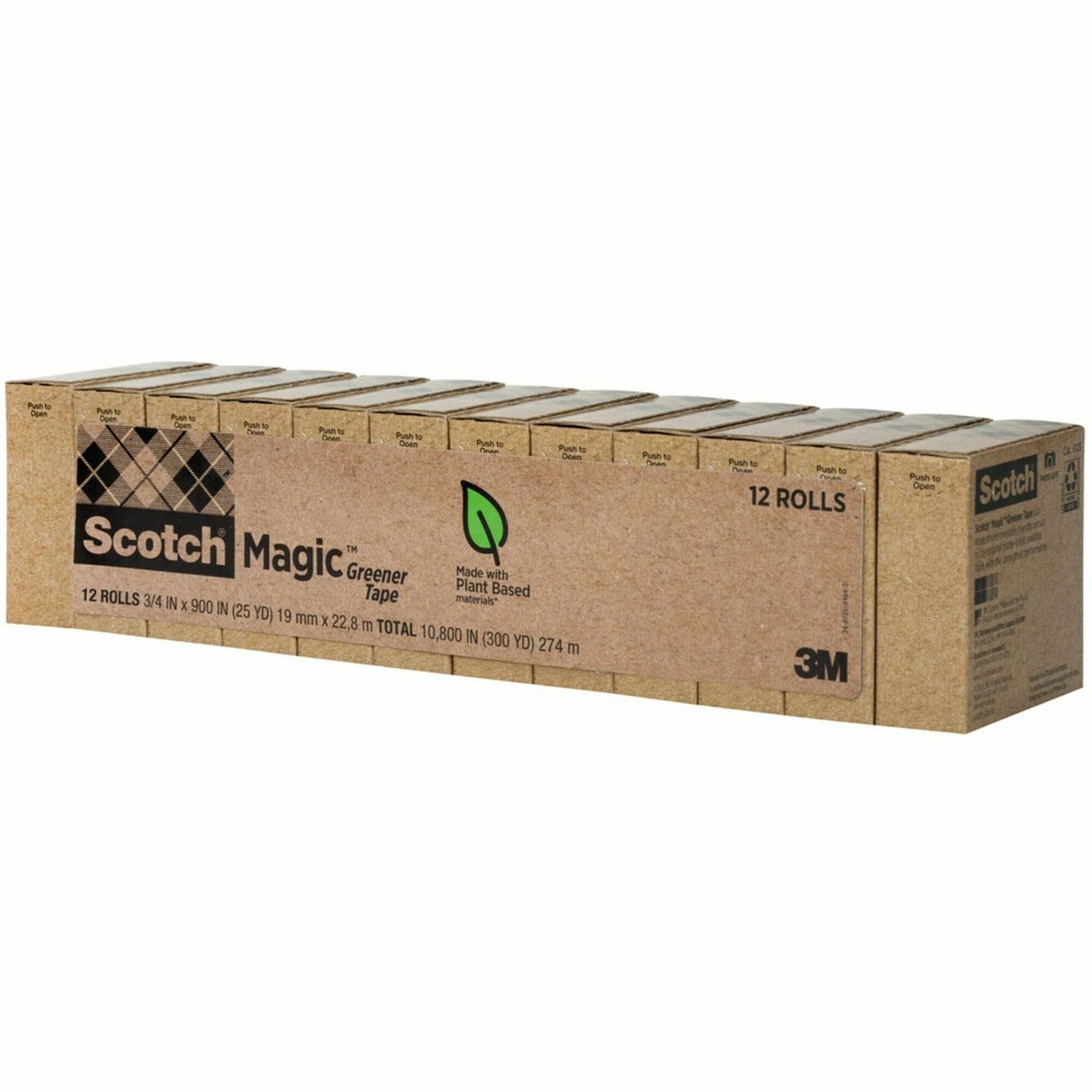Scotch 3/4"W Magic Greener Tape Rolls - 25 yd Length x 0.75" Width - 1" Core - Matte - Clear - Split Resistant, Tear Resistant, Yellowing Resistant - For Office - 12 / Pack