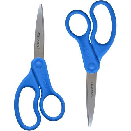 Westcott 8" All Purpose Preferred Straight Scissors - 3.50" Cutting Length - 8" Overall Length - Straight-left/right - Stainless Steel - Pointed Tip - Blue - 2 / Pack