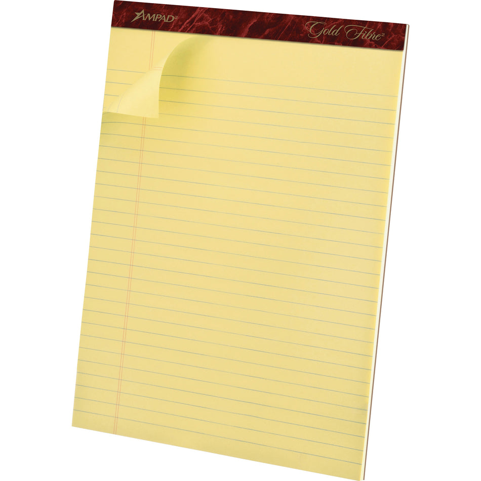 Ampad Gold Fibre Premium Rule Writing Pads - Letter - 50 Sheets - Watermark - Stapled/Glued - 0.34" Ruled - 16 lb Basis Weight - Letter - 8 1/2" x 11 3/4" Sheet Size - Yellow Paper - Bleed-free, Micro Perforated, Chipboard Backing - 1 Dozen