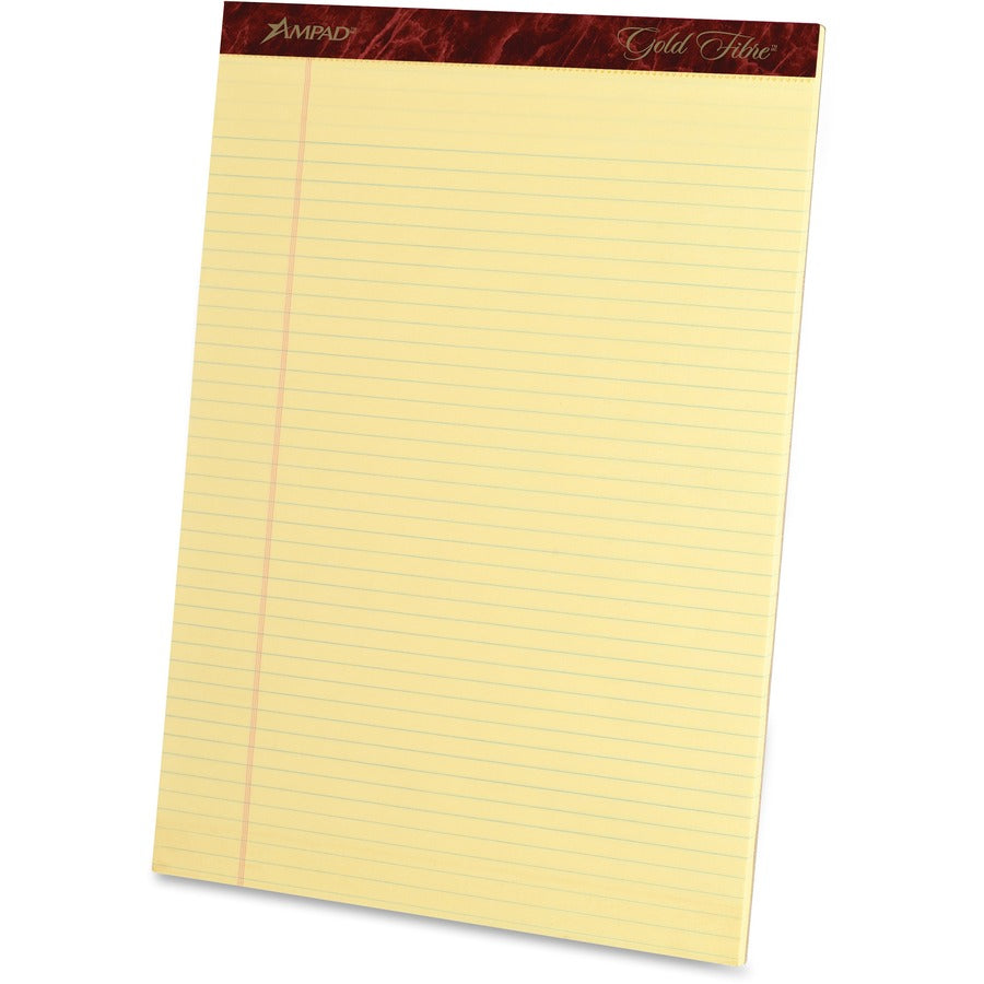 Ampad Gold Fibre Narrow Rule Writing Pads - 50 Sheets - Watermark - Stapled/Glued - 0.25" Ruled - 16 lb Basis Weight - Letter - 8 1/2" x 11 3/4" Sheet Size - Canary Yellow Paper - Micro Perforated, Bleed-free, Chipboard Backing - 1 Dozen