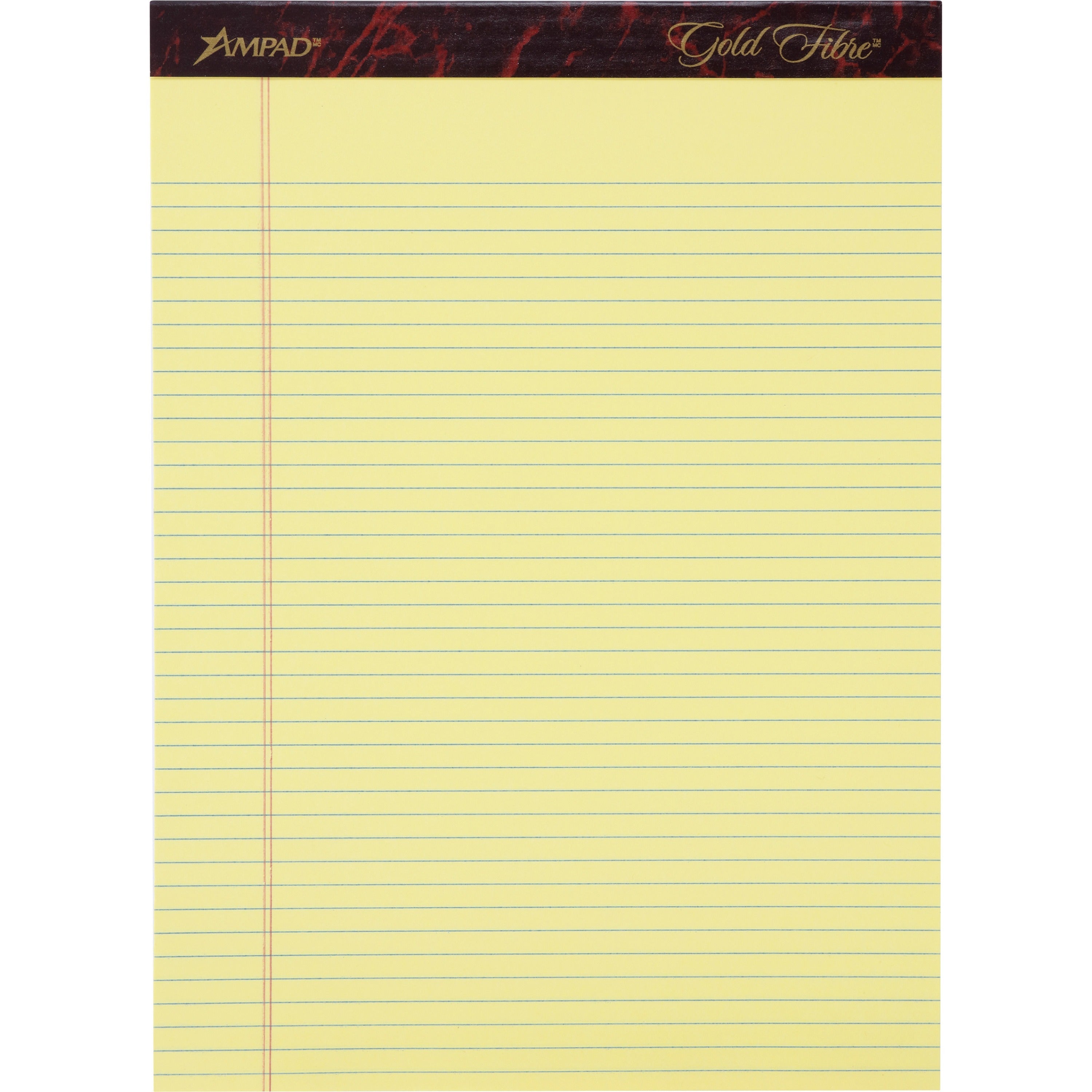 Ampad Gold Fibre Narrow Rule Writing Pads - 50 Sheets - Watermark - Stapled/Glued - 0.25" Ruled - 16 lb Basis Weight - Letter - 8 1/2" x 11 3/4" Sheet Size - Canary Yellow Paper - Micro Perforated, Bleed-free, Chipboard Backing - 1 Dozen