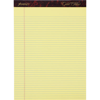 Ampad Gold Fibre Narrow Rule Writing Pads - 50 Sheets - Watermark - Stapled/Glued - 0.25" Ruled - 16 lb Basis Weight - Letter - 8 1/2" x 11 3/4" Sheet Size - Canary Yellow Paper - Micro Perforated, Bleed-free, Chipboard Backing - 1 Dozen