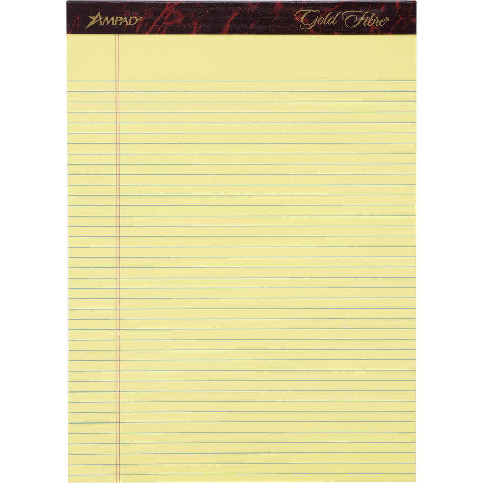 Ampad Gold Fibre Narrow Rule Writing Pads - 50 Sheets - Watermark - Stapled/Glued - 0.25" Ruled - 16 lb Basis Weight - Letter - 8 1/2" x 11 3/4" Sheet Size - Canary Yellow Paper - Micro Perforated, Bleed-free, Chipboard Backing - 1 Dozen