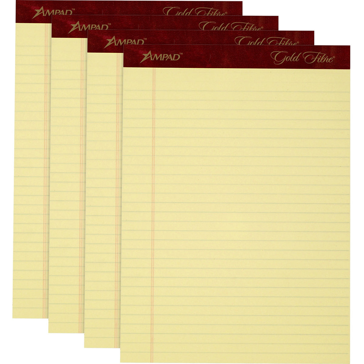 TOPS Gold Fibre Premium Rule Writing Pads - Letter - 50 Sheets - Watermark - Stapled/Glued - 0.34" Ruled - 20 lb Basis Weight - Letter - 8 1/2" x 11" Sheet Size - Yellow Paper - Micro Perforated, Bleed-free, Chipboard Backing - 4 / Pack