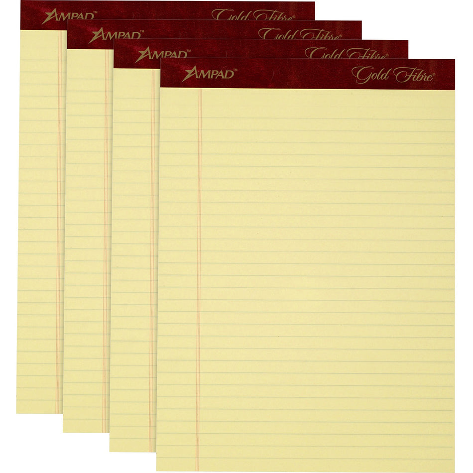 TOPS Gold Fibre Premium Rule Writing Pads - Letter - 50 Sheets - Watermark - Stapled/Glued - 0.34" Ruled - 20 lb Basis Weight - Letter - 8 1/2" x 11" Sheet Size - Yellow Paper - Micro Perforated, Bleed-free, Chipboard Backing - 4 / Pack