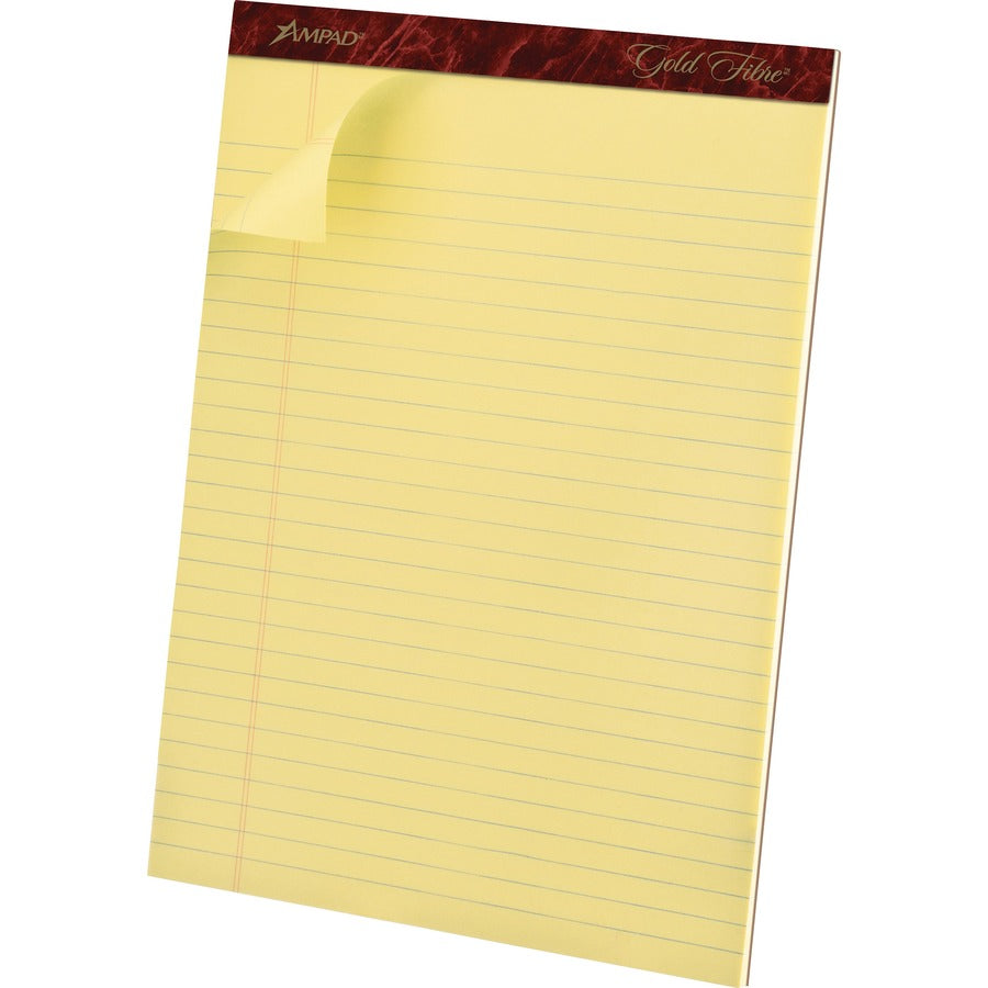 TOPS Gold Fibre Premium Rule Writing Pads - Letter - 50 Sheets - Watermark - Stapled/Glued - 0.34" Ruled - 20 lb Basis Weight - Letter - 8 1/2" x 11" Sheet Size - Yellow Paper - Micro Perforated, Bleed-free, Chipboard Backing - 4 / Pack