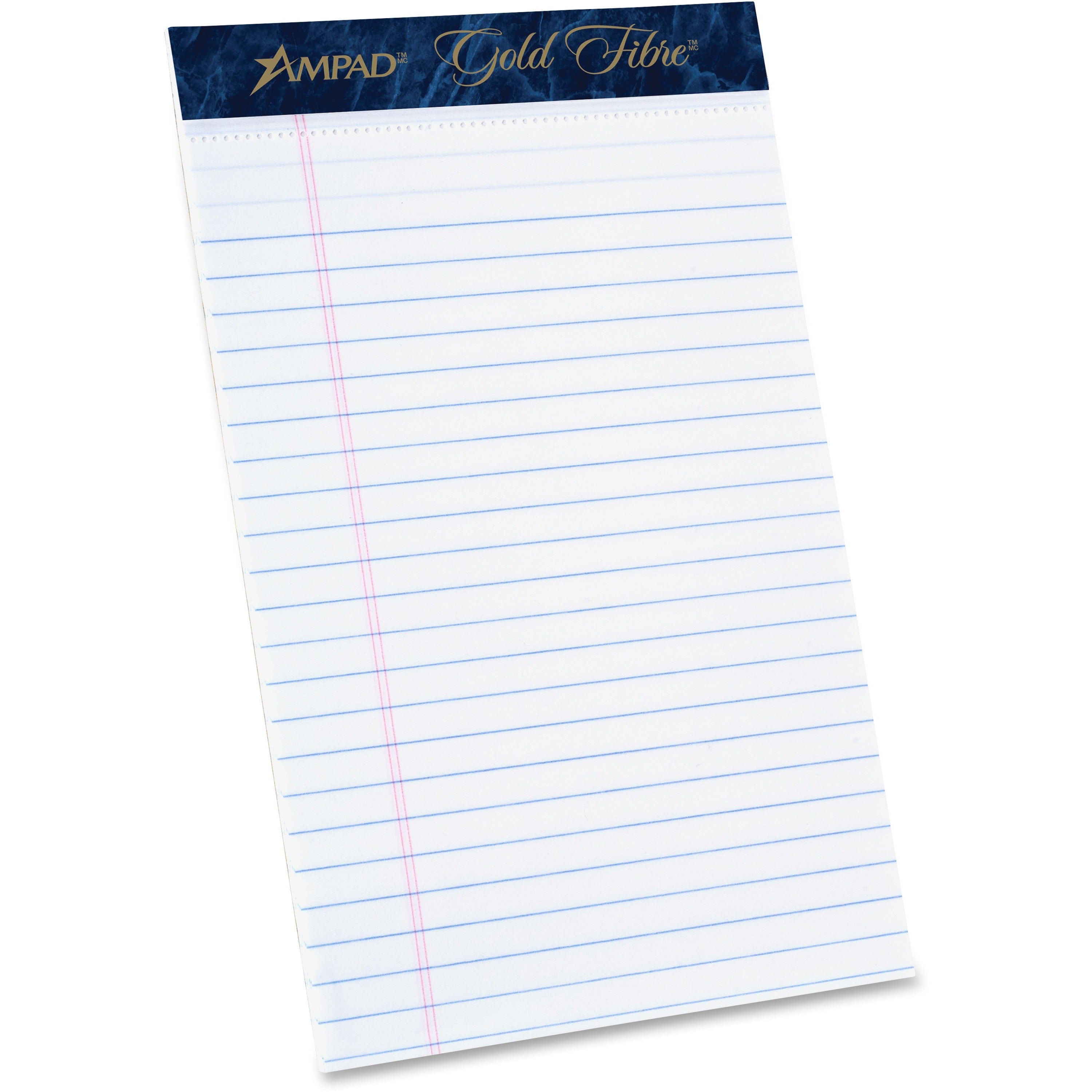 TOPS Ampad Gold Fibre Medium Rule Premium Junior Size Writing Pads - 50 Sheets - Watermark - Stapled/Glued - 16 lb Basis Weight - 5" x 8" Sheet Size - White Paper - Dark Blue Binding - Micro Perforated, Bleed-free, Chipboard Backing - 1 Dozen
