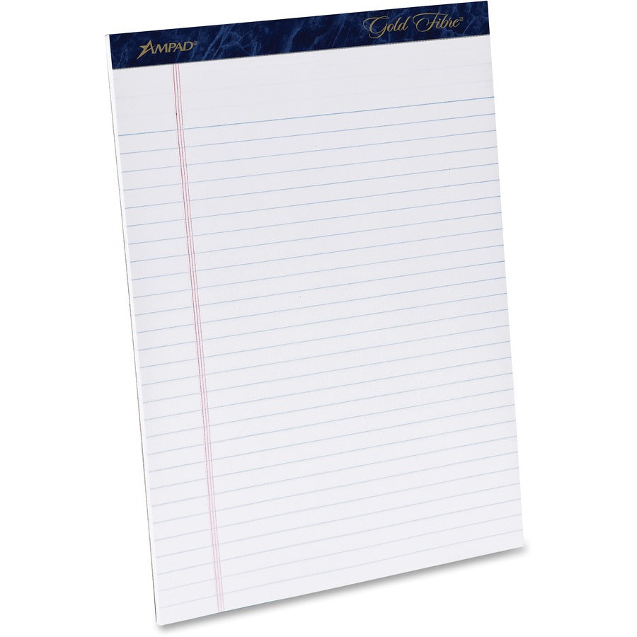 TOPS Gold Fibre Ruled Perforated Writing Pads - Letter - 50 Sheets - Watermark - Stapled/Glued - 0.34" Ruled - 16 lb Basis Weight - Letter - 8 1/2" x 11" Sheet Size - Dark Blue Binding - Bleed-free, Micro Perforated, Chipboard Backing - 1 Dozen