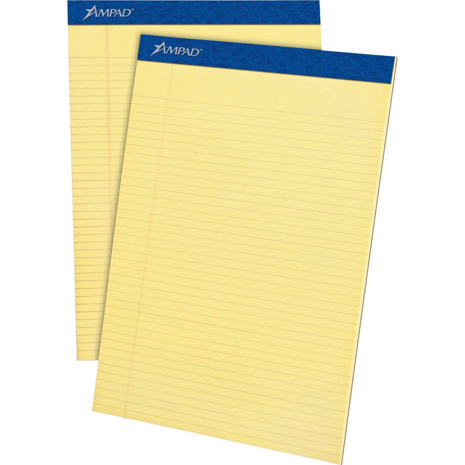 Ampad Writing Pad - 50 Sheets - Stapled - 0.25" Ruled - 15 lb Basis Weight - Letter - 8 1/2" x 11" Sheet Size x 8.5" Width x 11.8" Length - Canary Paper - Dark Blue Binding - Micro Perforated, Chipboard Backing, Sturdy Back, Tear Resistant - 1 Dozen