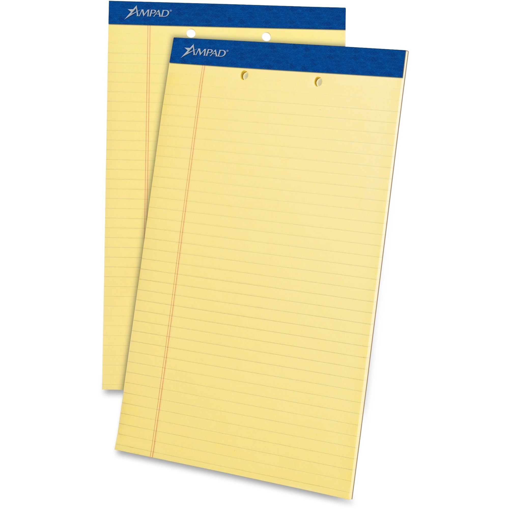 Ampad Writing Pad - 50 Sheets - Stapled - 0.34" Ruled - 2 Hole(s) - 15 lb Basis Weight - Legal - 8 1/2" x 14" Sheet Size - Canary Yellow Paper - Dark Blue Binding - Perforated, Sturdy Back, Chipboard Backing, Tear Resistant - 1 Dozen