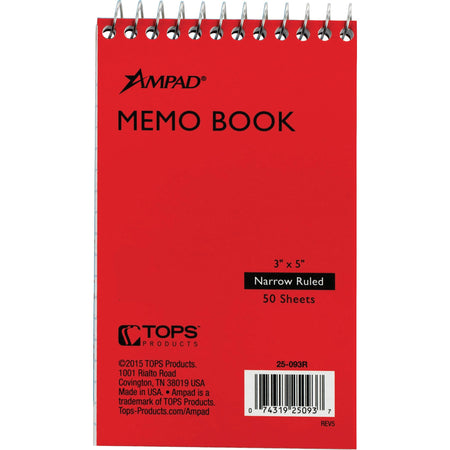 Ampad Topbound Memo Notebook - 50 Sheets - Wire Bound - 3" x 5" Sheet Size - White Paper - Assorted Pressboard Cover - Mediumweight, Rigid - Recycled - 1 Each