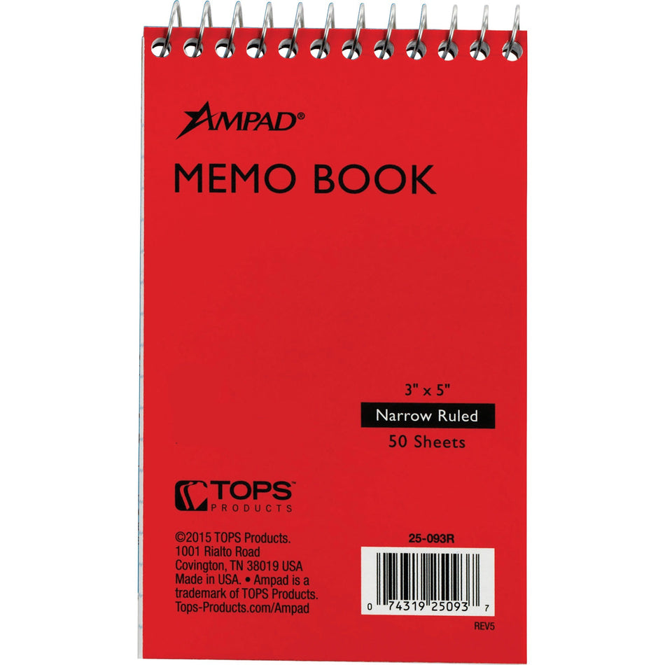 Ampad Topbound Memo Notebook - 50 Sheets - Wire Bound - 3" x 5" Sheet Size - White Paper - Assorted Pressboard Cover - Mediumweight, Rigid - Recycled - 1 Each
