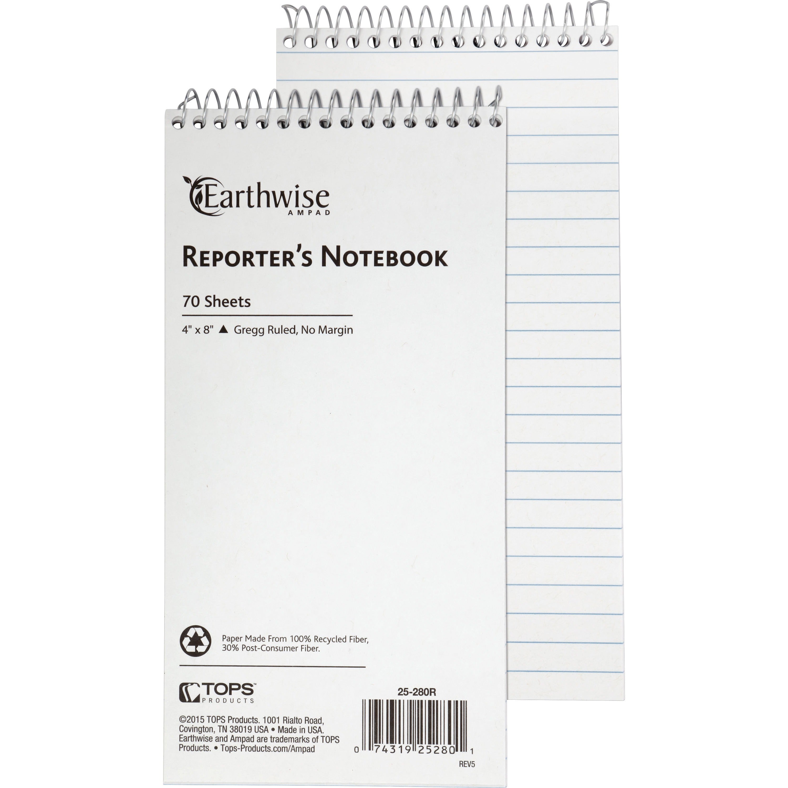 Ampad Earthwise Reporter's Notebook - 70 Sheets - Wire Bound - Front Ruling Surface - 0.34" Ruled - 15 lb Basis Weight - 4" x 8" Sheet Size - White Paper - WireLock, Chipboard Backing, Micro Perforated, Easy Tear, Snag Resistant - Recycled - 1 Each