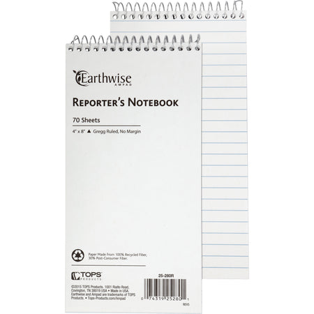Ampad Earthwise Reporter's Notebook - 70 Sheets - Wire Bound - Front Ruling Surface - 0.34" Ruled - 15 lb Basis Weight - 4" x 8" Sheet Size - White Paper - WireLock, Chipboard Backing, Micro Perforated, Easy Tear, Snag Resistant - Recycled - 1 Each
