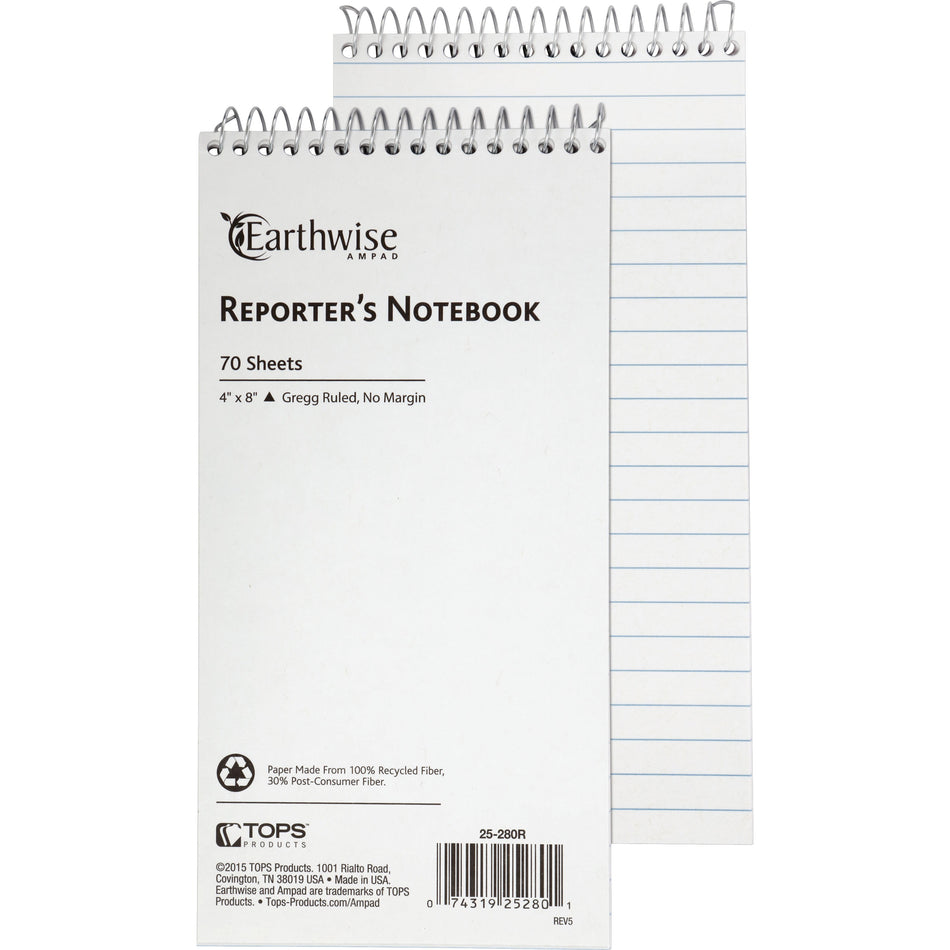 Ampad Earthwise Reporter's Notebook - 70 Sheets - Wire Bound - Front Ruling Surface - 0.34" Ruled - 15 lb Basis Weight - 4" x 8" Sheet Size - White Paper - WireLock, Chipboard Backing, Micro Perforated, Easy Tear, Snag Resistant - Recycled - 1 Each