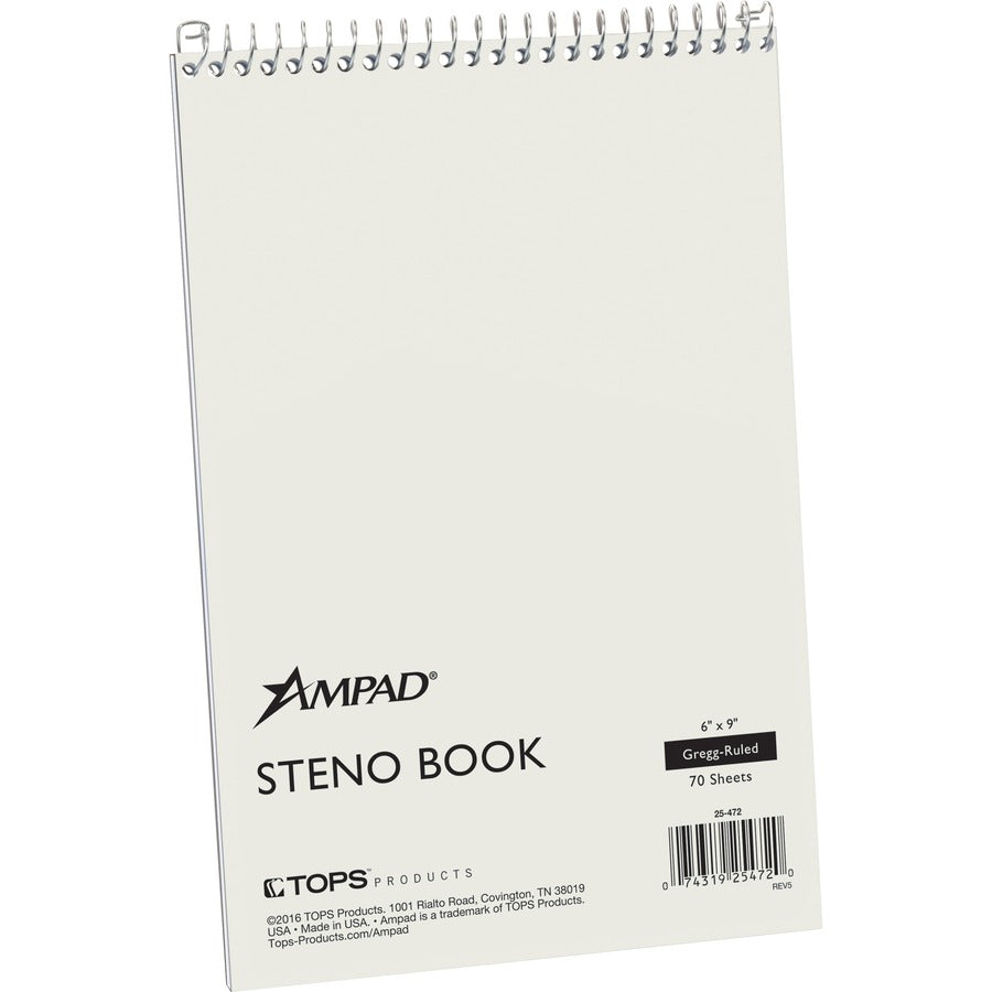 Ampad Kraft Cover Steno Book - 70 Sheets - Wire Bound - 0.34" Ruled - Gregg Ruled Margin - 15 lb Basis Weight - 6" x 9" Sheet Size - White Paper - Kraft Cover - Chipboard Backing, Sturdy Cover - 1 Each