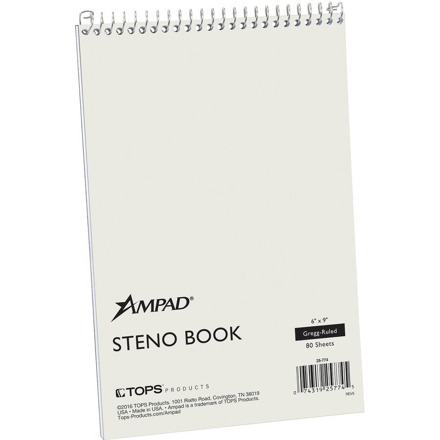 Ampad Gregg-ruled White Steno Book - 80 Sheets - Wire Bound - Ruled Margin - 15 lb Basis Weight - 6" x 9" Sheet Size - White Paper - Chipboard Cover - Chipboard Backing, WireLock, Snag Resistant - 1 Each