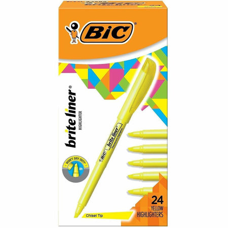 BIC Brite Liner Highlighters - Chisel Marker Point - Fluorescent Yellow Ink - Water Based - 24 / Box