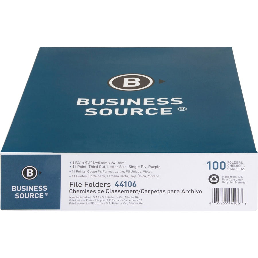 Business Source 1/3 Tab Cut Recycled Top Tab File Folder - 11 pt. - Purple - 10% Recycled - 100 / Box